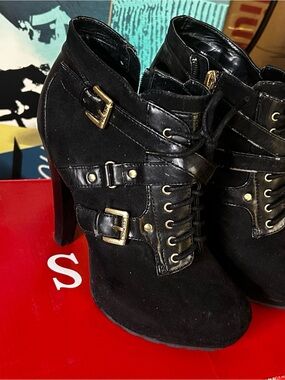 Guess Black Suede Lace-Up Ankle Booties with Gold Buckles